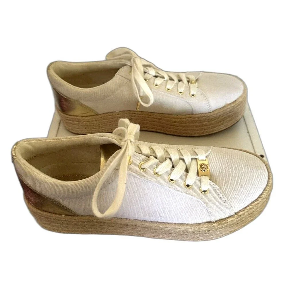 Michael Kors Canvas Espadrille Platform Sneakers Gold Ivory Lace Up 8.5M